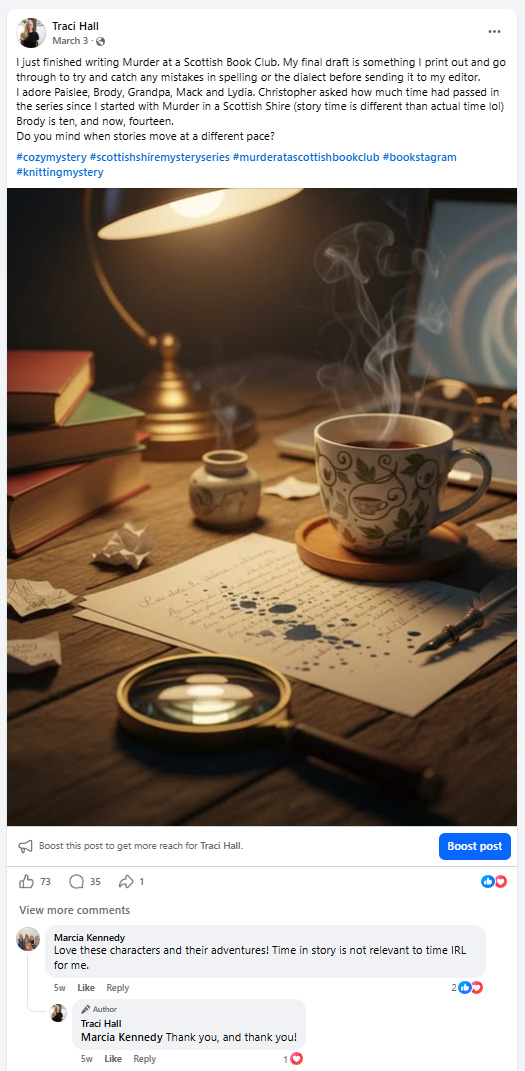 Facebook post by Traci Hall about Murder at a Scottish Book Club