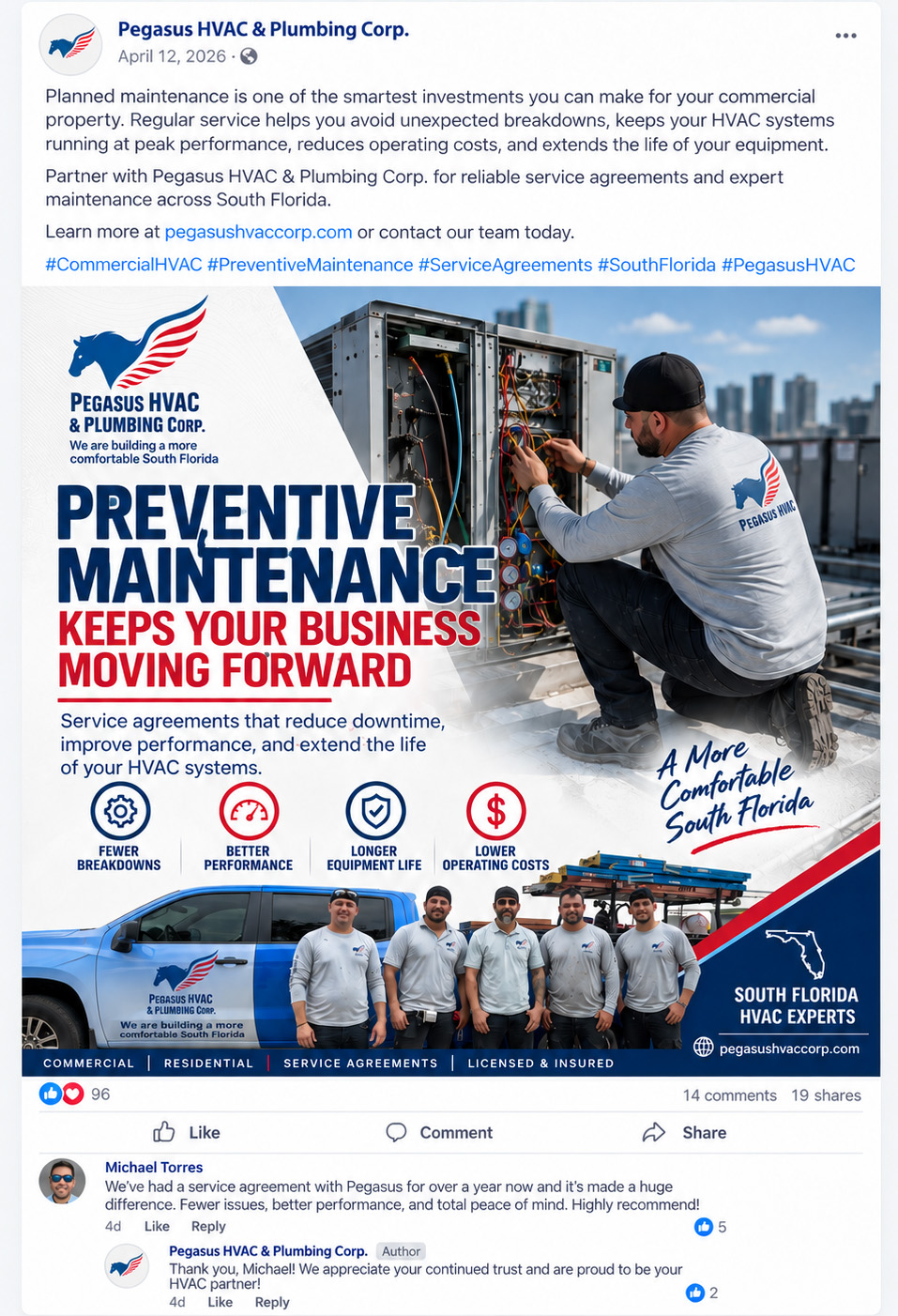Illustrative StoryFlow educational social post for Pegasus HVAC explaining commercial airflow and ductwork problems