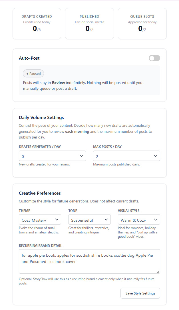StoryFlow controls for automatic posting, daily content volume, creative preferences, and recurring author brand details