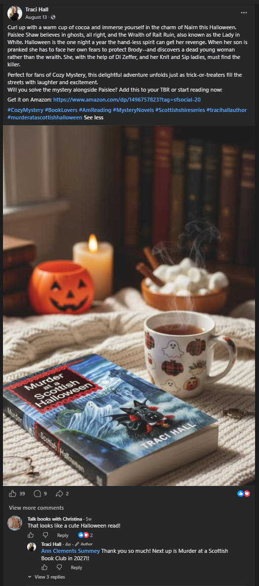 Facebook post by Traci Hall promoting Murder at a Scottish Halloween with reader engagement