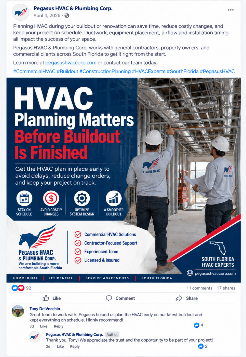 Illustrative StoryFlow social post for Pegasus HVAC promoting preventive maintenance and service agreements