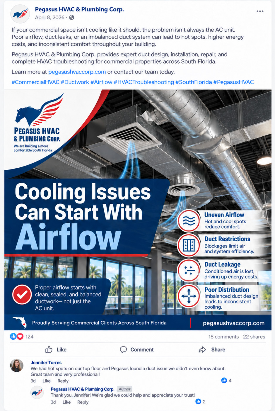 Illustrative StoryFlow social post for Pegasus HVAC about planning HVAC during a commercial buildout